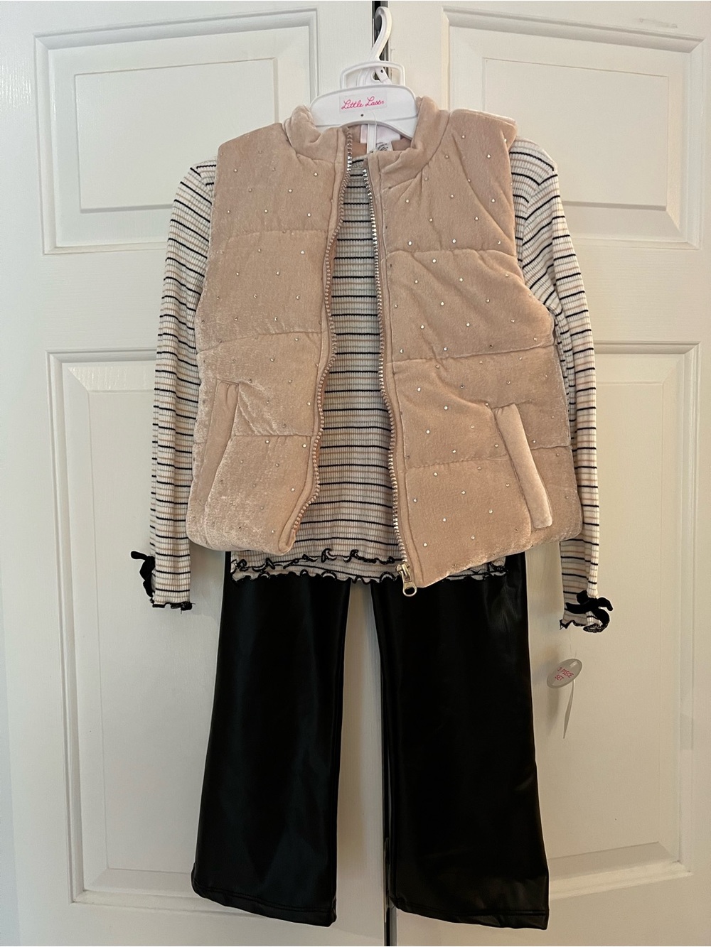 Little Lass Girls Sz 6 Quilted Vest, Shirt and Faux Leather Pants - 3 Piece Set
